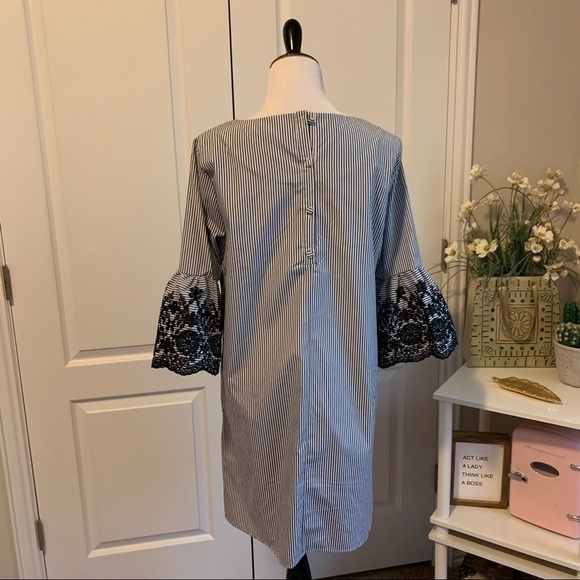 Nina Leonard Stripe Print Crochet Bell Sleeve Shift Dress - Picture 12 of 14